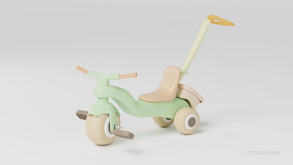 Cute Children's Tricycle Chair with Light Green Frame Beige Seat and Push Handle for Toddlers 3d model 