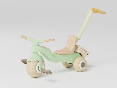 Cute Children's Tricycle Chair with Light Green Frame Beige Seat and Push Handle for Toddlers 3d model