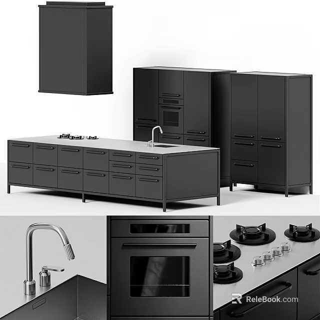 Modern Black Kitchen Cabinets With Island Countertop Sink And Oven Appliances 3d model 