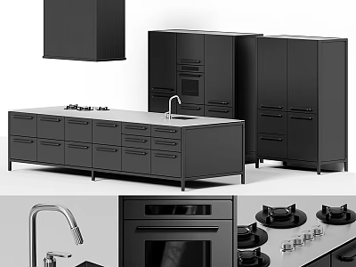 Modern Black Kitchen Cabinets With Island Countertop Sink And Oven Appliances 3d model