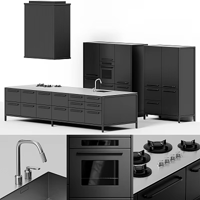 Modern Black Kitchen Cabinets With Island Countertop Sink And Oven Appliances 3d model