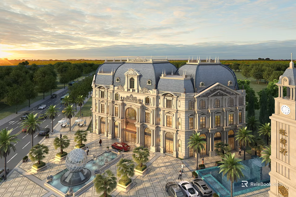 Birds Eye View Plan Of Grand European Style Building With Plaza Fountains And Palms 3d model 