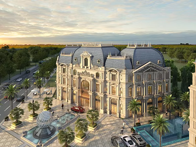 Birds Eye View Plan Of Grand European Style Building With Plaza Fountains And Palms 3d model