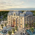 Birds Eye View Plan Of Grand European Style Building With Plaza Fountains And Palms