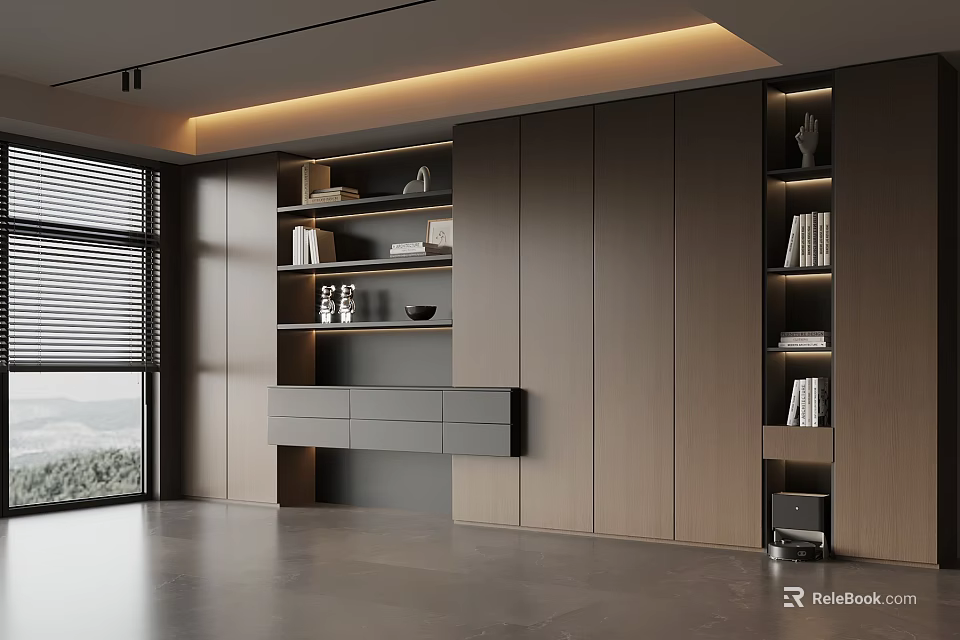 Modern Built in Wooden Bookcase With Shelves Books Decorative Items And Drawers 3d model 