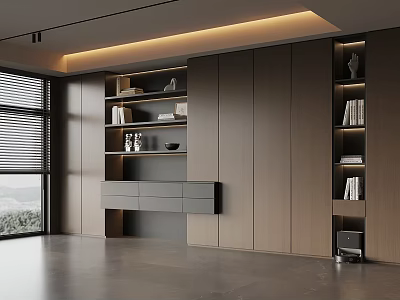 Modern Built in Wooden Bookcase With Shelves Books Decorative Items And Drawers 3d model