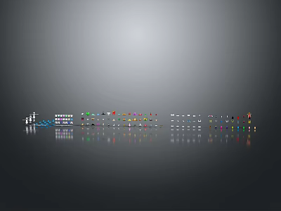 Colorful Game and Movie Character Models Neatly Arranged on Reflective Surface with Gray Gradient Background 3d model