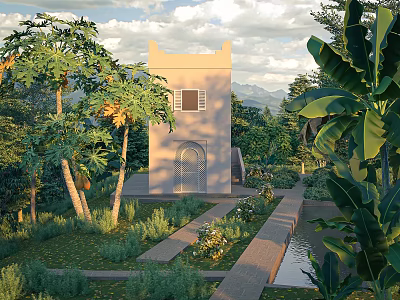 Moroccan Style Light Colored Tower Surrounded By Tropical Plants Garden Pathway And Pond 3d model