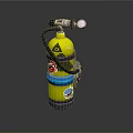 Yellow Scuba Tank With Black Hose Top Valve Decorative Graphics And Blue Bands