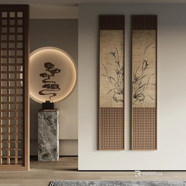 Neoclassical Chinese Interior With Round Cloud Lamp Marble Base Lattice And Vertical Plant Scrolls 3d model