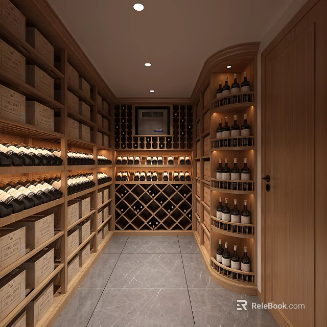 Luxurious Wine Cellar Interior With Wooden Racks Wine Bottles Crates And Recessed Lighting 3d model 
