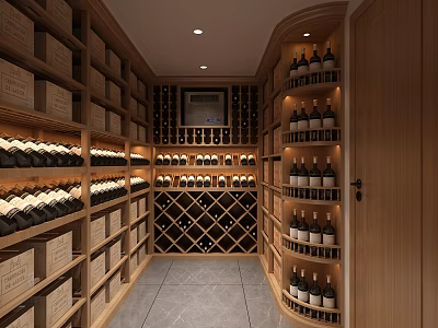 Luxurious Wine Cellar Interior With Wooden Racks Wine Bottles Crates And Recessed Lighting 3d model