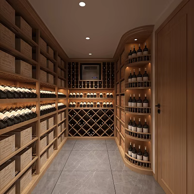 Luxurious Wine Cellar Interior With Wooden Racks Wine Bottles Crates And Recessed Lighting 3d model