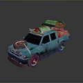 Blue Custom Pickup Truck With Red Accents Roof Rack Green Cargo And Spare Tire