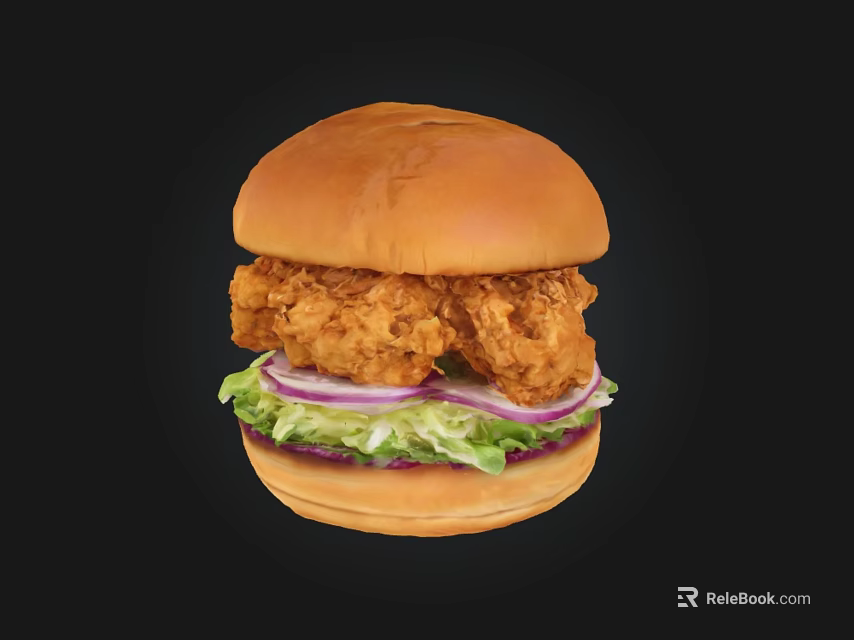Crispy Fried Chicken Burger With Fresh Lettuce Red Onions And Soft Bun 3d model 