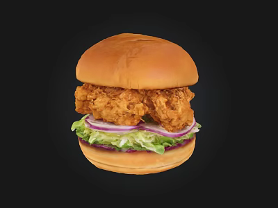Crispy Fried Chicken Burger With Fresh Lettuce Red Onions And Soft Bun 3d model