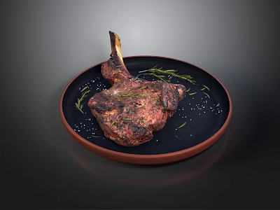 Juicy Grilled Lamb Chop On Black Plate With Rosemary And Sea Salt Garnish 3d model