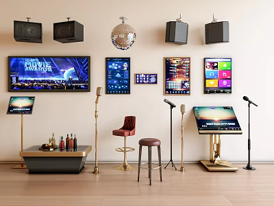 KTV Entertainment Equipment With Large Screens Microphones Speakers Disco Ball Stools And Wine Bottles 3d model