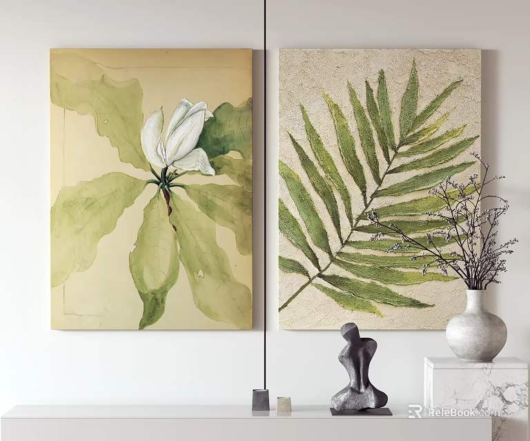 Botanical Plant Paintings With White Flower And Green Palm Leaves On Beige Wall 3d model 