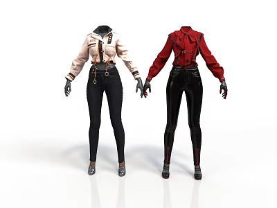 Women's Fashion Outfits With Beige Red Tops Black Pants Suspenders And Gloves 3d model