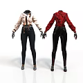 Women's Fashion Outfits With Beige Red Tops Black Pants Suspenders And Gloves