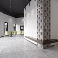 Modern Front Desk Reception Area With Stacked Cube Column Yellow Chairs And Gray Tile Floor 3d model