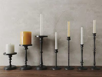 Modern Black Metal Candle Holders With Various Heights On Wooden Tabletop Against Gray Wall 3d model