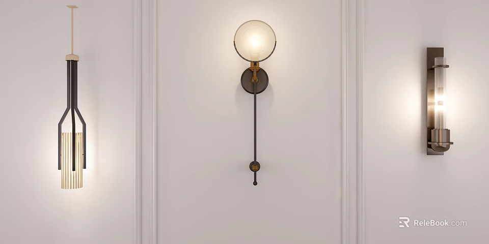 Modern Elegant Wall Sconce With Round Glass Shade Brass Bracket On White Wall With Molding 3d model 