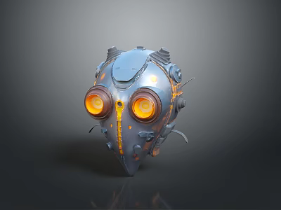 Mechanical Weapon with Orange Glowing Eyes and Intricate Metallic Structure Design 3d model