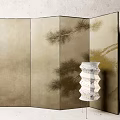 Elegant Folding Screen With Pine Tree Pattern And Beige Background With White Floor Lamp 3d model