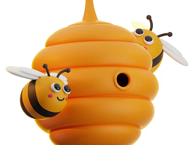 Playful Cartoon Flying Bees With Smiling Faces Around Round Yellow Honeycomb 3d model