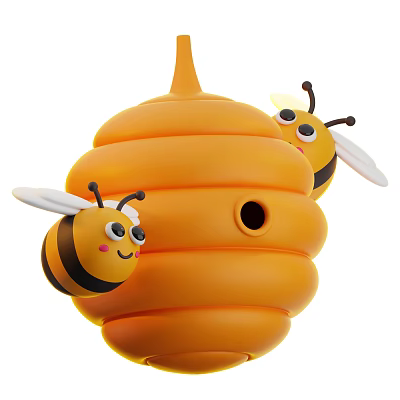 Playful Cartoon Flying Bees With Smiling Faces Around Round Yellow Honeycomb 3d model