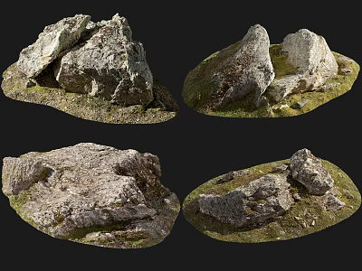 Moss Covered Natural Stones and Wooden Accents with Grassy Base and Textured Surfaces 3d model
