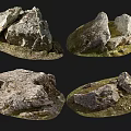 Moss Covered Natural Stones and Wooden Accents with Grassy Base and Textured Surfaces