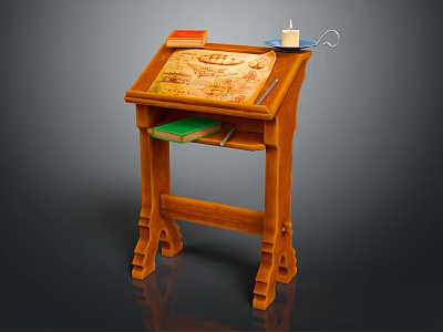 Wooden Reading Table with Scroll Candle and Green Book on Top 3d model