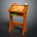 Wooden Reading Table with Scroll Candle and Green Book on Top