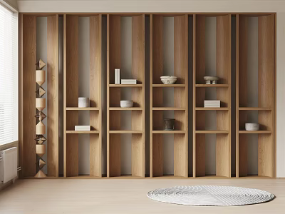Minimalist Wooden Display Cabinet With Multiple Shelves And Decorative Items In Interior Space 3d model