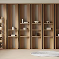 Minimalist Wooden Display Cabinet With Multiple Shelves And Decorative Items In Interior Space