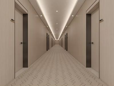 Hotel Corridor With Beige Walls Black Door Frames Geometric Patterned Carpet And Recessed Ceiling Lights 3d model
