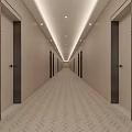 Hotel Corridor With Beige Walls Black Door Frames Geometric Patterned Carpet And Recessed Ceiling Lights