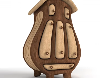 Wooden Decorative Ornament With House Shape And Button Accents On White 3d model