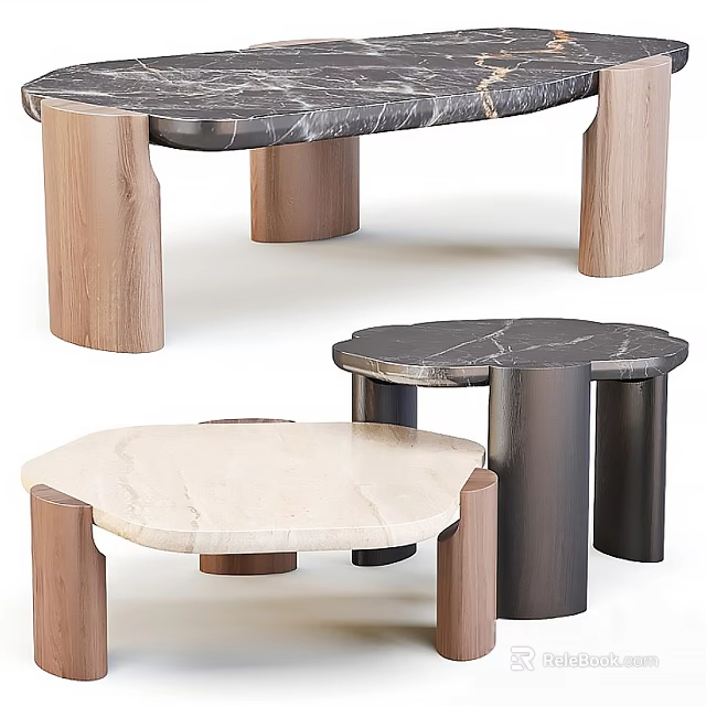 Modern Coffee Table Design With Marble Top And Wooden Metal Legs 3d model 