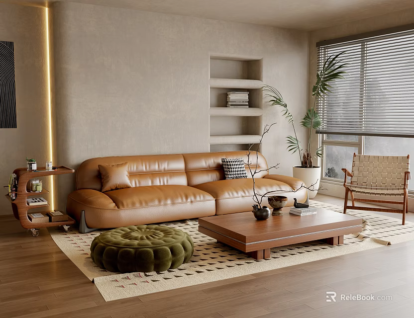 Cozy Living Room With Brown Leather Sofa Green Round Ottoman And Wooden Coffee Table 3d model 