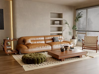 Cozy Living Room With Brown Leather Sofa Green Round Ottoman And Wooden Coffee Table 3d model