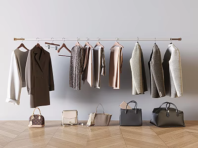 Stylish Clothes Hanging on Rack with Various Handbags on Wooden Floor Light Wall Background 3d model