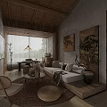 Natural Rustic Living Room Interior With Wooden Ceiling Sofa Woven Chair And Decorative Paintings
