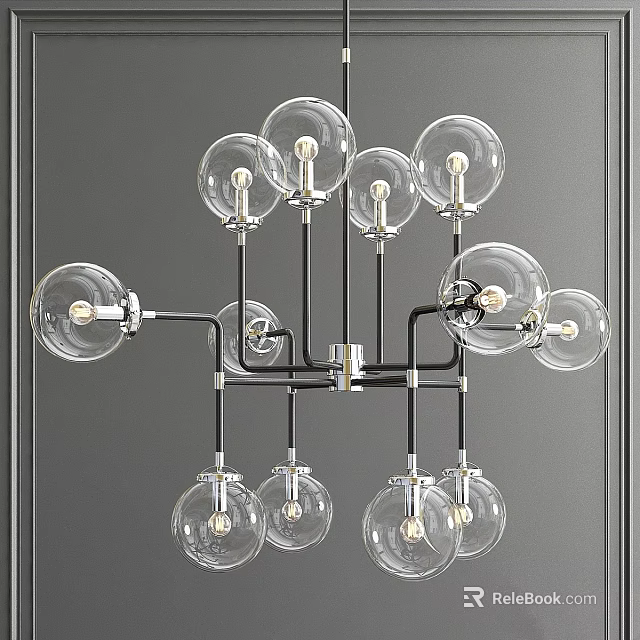 Modern Chandelier with Transparent Glass Globes and Black Metal Frame for Contemporary Interior Spaces 3d model 