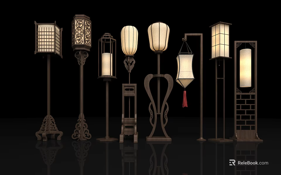 Traditional Chinese Style Floor Lamps With Carved Patterns And Lantern Shades 3d model 