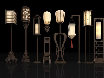 Traditional Chinese Style Floor Lamps With Carved Patterns And Lantern Shades 3d model