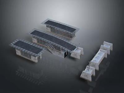 Modern Elongated Architectural Components With Glass Roofs And Support Structures 3d model